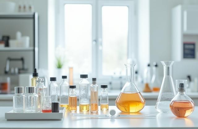 A clean, modern perfumery laboratory with various bottles, beakers, and ingredients laid out on a table, suggesting precision and artistry in fragrance creation.