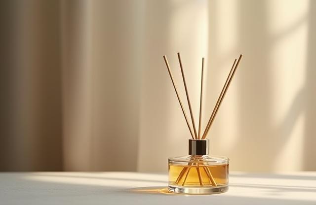An elegant home fragrance diffuser with reed sticks and a modern glass bottle.