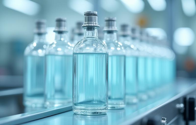 Row of freshly manufactured clear glass perfume bottles on a conveyor belt in a clean facility.
