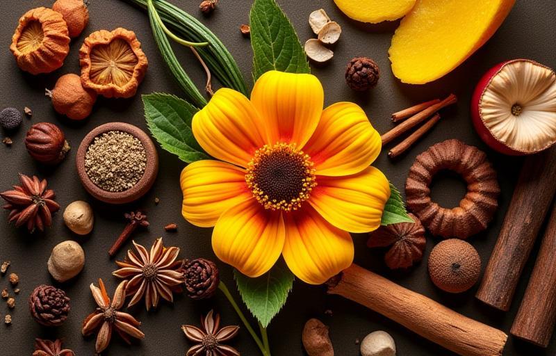 An artistic arrangement of ingredients representing different fragrance notes like florals, spices, and woods.