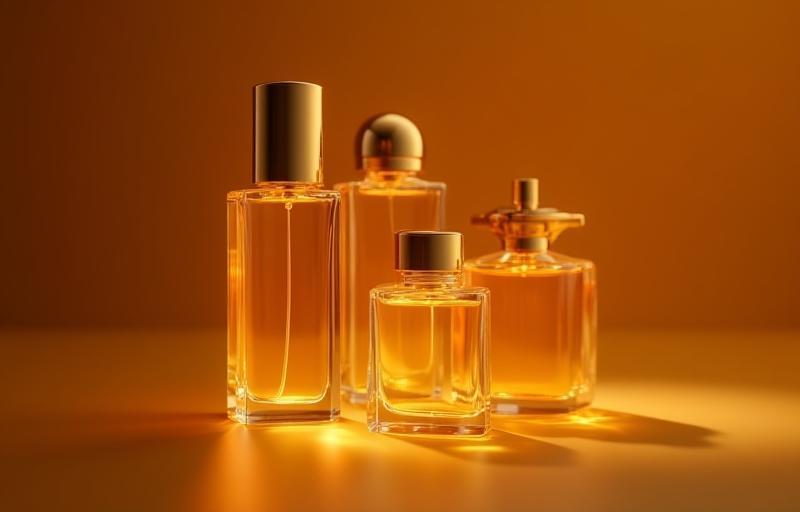 A beautifully arranged set of luxury perfume bottles with gold accents against a warm, elegant background.