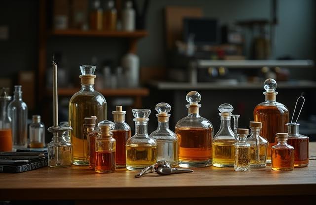 A perfumer's workstation with bottles of raw materials, scales, and mixing tools, illustrating the craft.