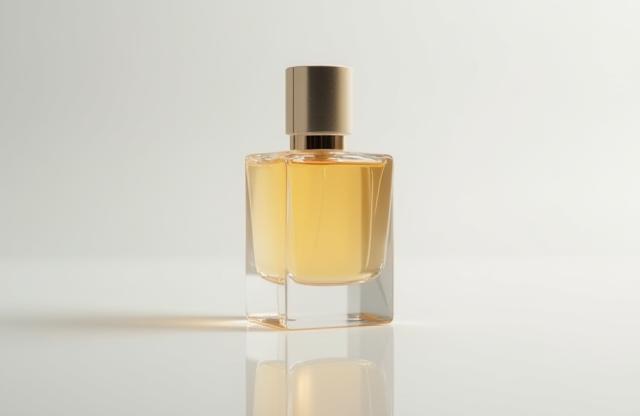 A single, minimalist elegant perfume bottle on a reflective surface, highlighting its sophisticated design.
