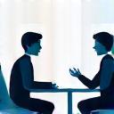 Illustration of two people sitting and discussing ideas, symbolizing the discovery and briefing stage.